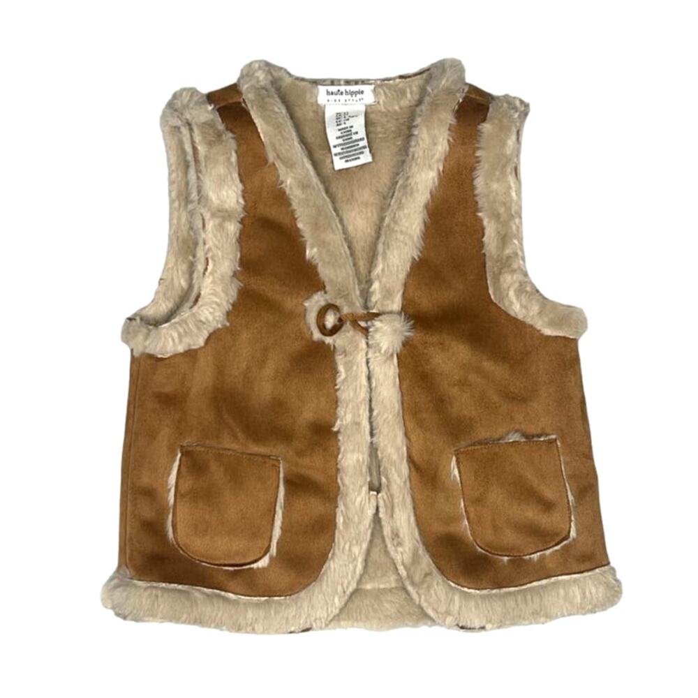 70's Style Tan Suede Vest with Fur Girls size 5T Penny Lane